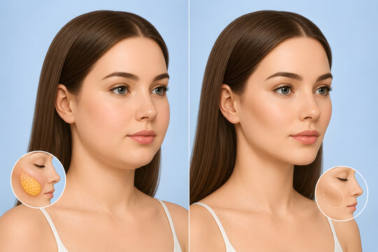 Medical vector illustration of female buccal fat removal cheek sculpting surgery before and after comparison