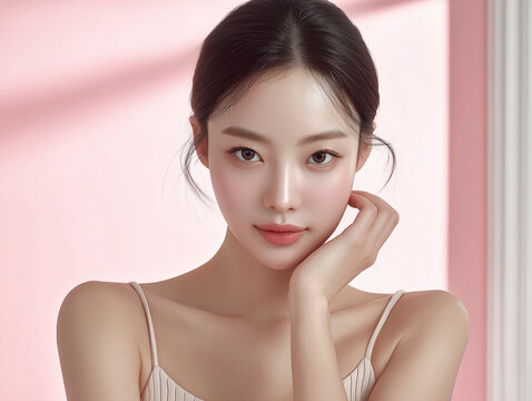 Asian Female model for cosmetic advertising. Beauty skin woman with bare shoulder on light pink background.