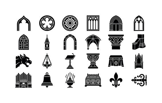 Sacred Tracery Marks. Solid glyph icon set of gothic cathedral window architecture: ogee arch, cinquefoil, rosette panel, mullion frame, pointed portal, chapel window, stained panel, tower turret,