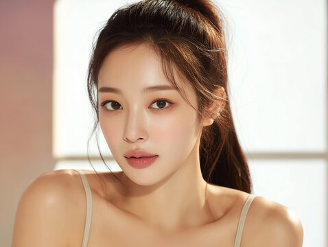 Asian Female model for cosmetic advertising. Beauty skin woman with bare shoulder on light pink background.