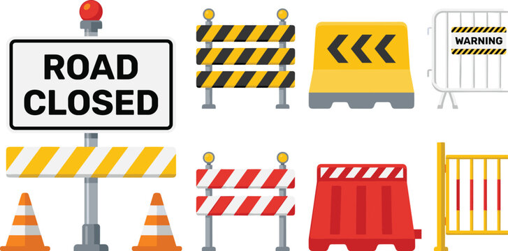 Road construction barrier and traffic safety element vector illustration set featuring road closed sign cones fences and plastic barricades on white