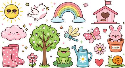 Cute Spring Garden Vector Illustration Set with Rainbow Sun Tree Frog Bunny and Flowers for Kids Stationery Stickers and Nursery Patterns © Ismail