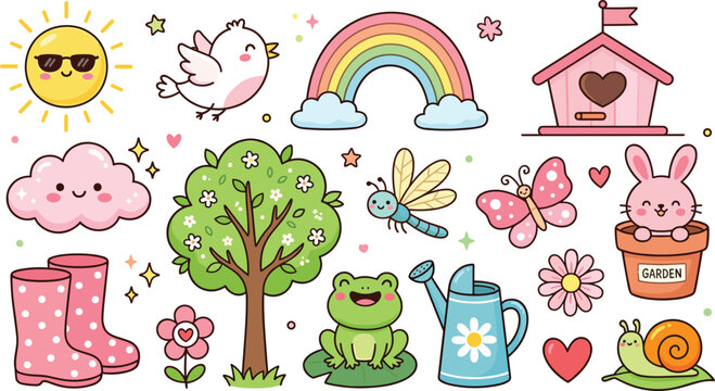 Cute Spring Garden Vector Illustration Set with Rainbow Sun Tree Frog Bunny and Flowers for Kids Stationery Stickers and Nursery Patterns