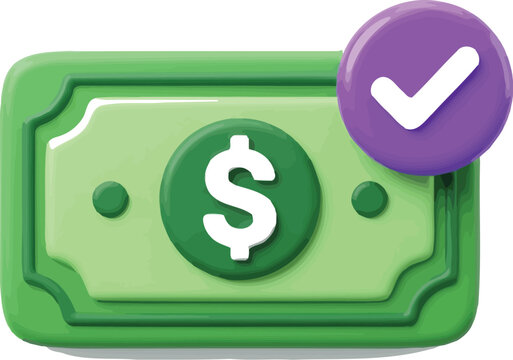 Banknote illustration displays a three-dimensional green paper currency with a purple checkmark button symbolizing a successful financial.