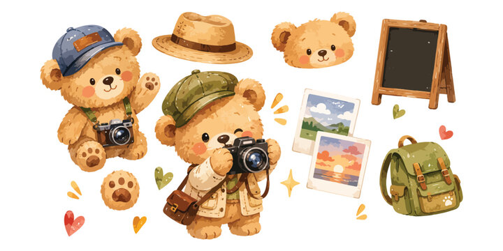 Watercolor cute tourist photographer teddy bear with camera clipart