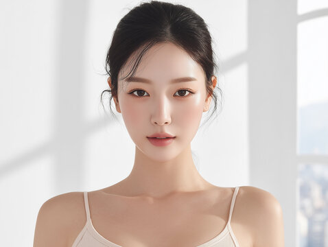 Asian Female model for cosmetic advertising. Beauty skin woman with bare shoulder on light pink background.