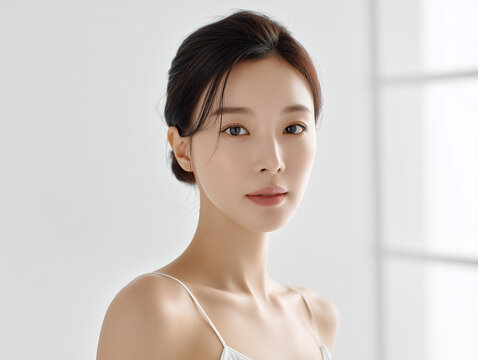 Asian Female model for cosmetic advertising. Beauty skin woman with bare shoulder on light pink background.