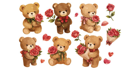 Fototapeta premium Watercolor Teddy Bear Clipart Set Holding Red Rose Bouquets