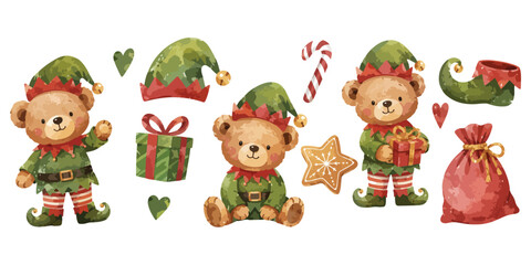 Fototapeta premium Watercolor Christmas Elf Teddy Bear Clipart
