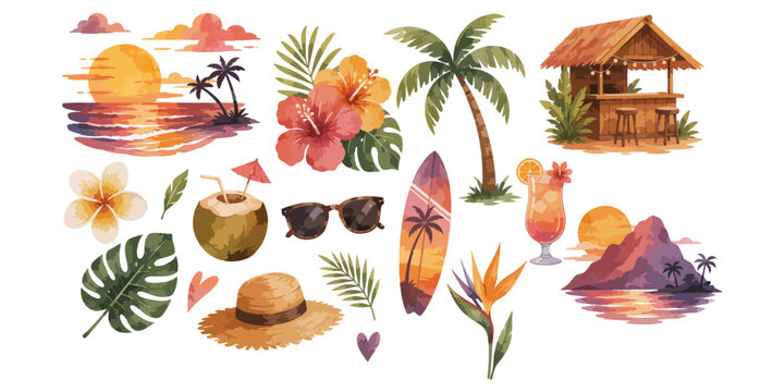 Watercolor Tropical Beach Vacation Clipart 