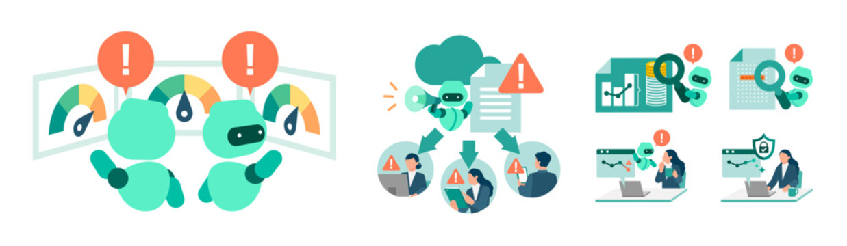 Flat vector illustration bundle showcasing modern financial risk management solutions driven by artificial intelligence and cloud infrastructure to enhance corporate compliance