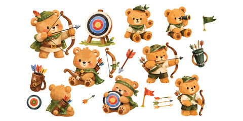 Fototapeta premium Watercolor Archery Teddy Bear Clipart 