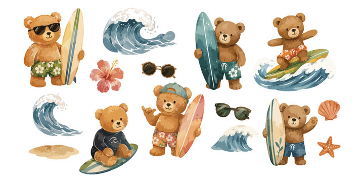 Watercolor Surfing Teddy Bear Clipart 