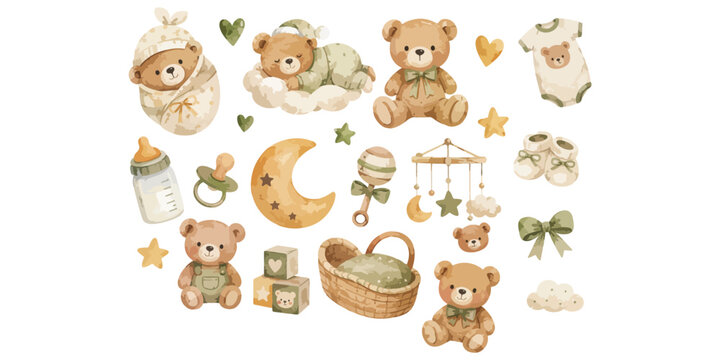 Watercolor Sage Green Baby Shower Teddy Bear Clipart