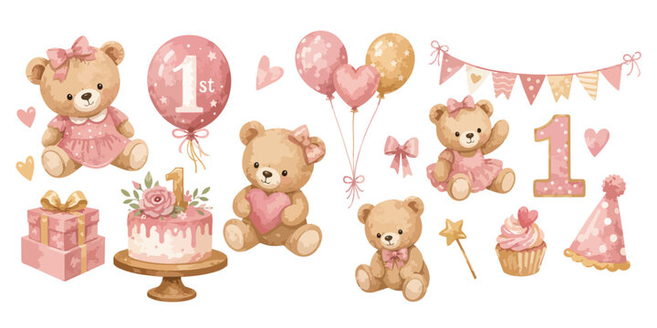 Watercolor Pink First Birthday Teddy Bear Clipart 