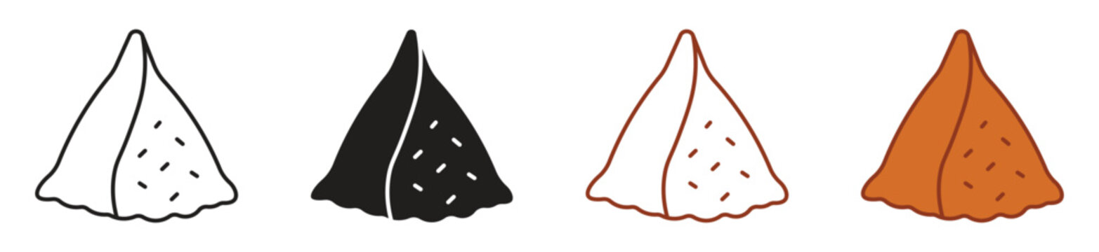 Samosa icon set. Fried samosa, stuffed with spicy fillings, perfect snack. Vector illustration.