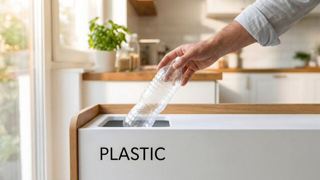 Close up of man hand putting empty plastic bottle into recycling bin at home kitchen, eco friendly waste management concept