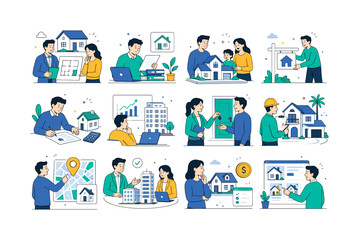 Fototapeta premium Real Estate Property. Property management, residential and commercial building, house for sale, mortgage, apartment, realtor, villa, and home investment. 12 minimalist editorial vector scenes: realtor