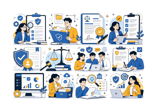 Compliance Policy Control. Regulations, policy, legal document, quality control, responsibility, law, compliance review, governance, and accepted standards. 12 minimalist editorial vector scenes: a