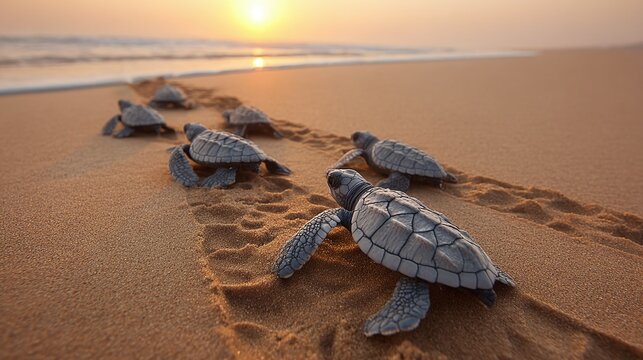 Little hatchlings make their arduous journey across the sandy beach at sunset, an inspiring scene of new life and determination entering the vast ocean, under a warm, glowing sky