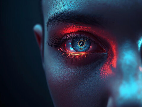 Futuristic Bionic Eye of a Cyborg Scanning Data in a Cyberpunk World. Concept of Artificial Intelligence, Surveillance, and Future Technology Integration.