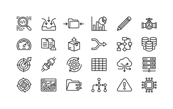 Pipeline Database Systems. Line icon set of data engineering: query magnifier, ingestion tray, compression file, descriptive chart, modify pencil, pipeline valve, monitoring gauge, duplicate detector,