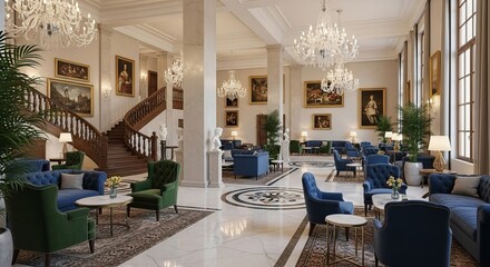 Fototapeta premium Luxurious hotel lobby with ornate staircase and plush seating. Elegant interior design.