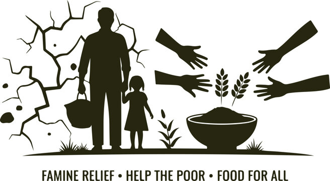 Famine relief concept illustration with dry cracked earth, father and child, hands offering wheat, food for all message.