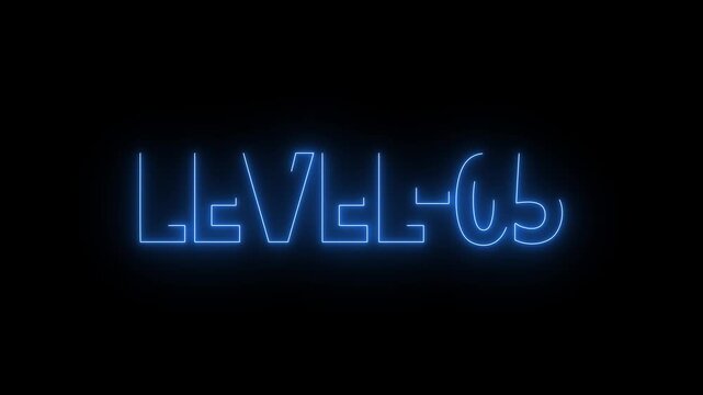 Neon line level up -05 number animation with saber on black background. Video game style LEVEL UP. Neon level up sign. Level - 05