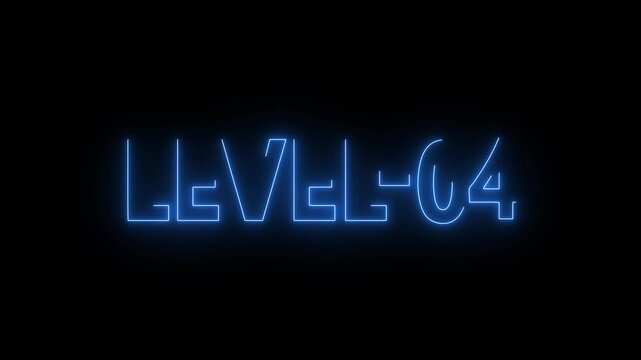 Neon line level up 4 number animation with saber on black background. Video game style LEVEL UP. Neon level up sign. Level - 01 text countdown animation. Level -04