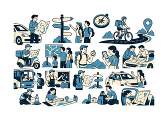 Fototapeta premium Road Navigation Routes collection of digital illustrations showing travel navigation scenes: driver checking map, cyclist following route pin, delivery courier choosing road, family reading highway