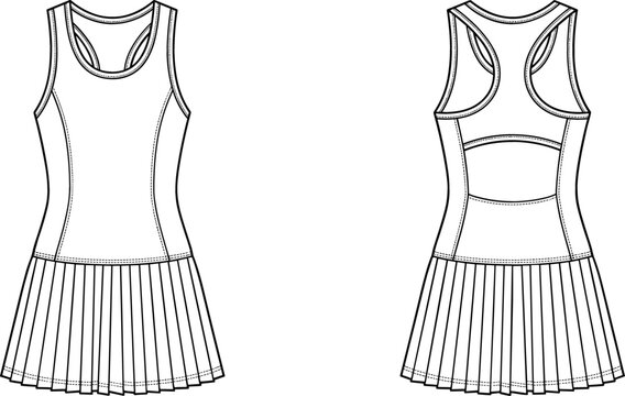 Women pleated tennis dress vector fashion technical sketch template illustration with racerback and side panels front back view mockups