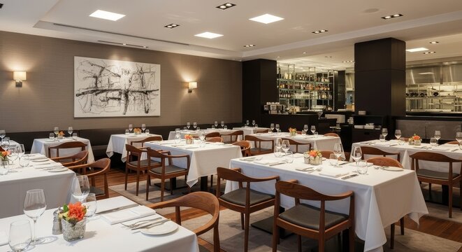 Elegant dining room setup with white tablecloths and chairs