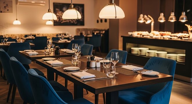 Elegant restaurant dining room with blue velvet chairs and set tables