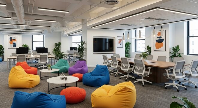 Modern co-working space with colorful beanbags and conference room