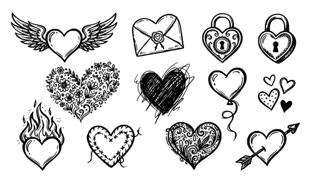 Hand Drawn Doodle Heart Vector Icon Set with Wings Fire Arrow Love Letter and Padlock Elements for Valentine Day Wedding and Romantic Designs