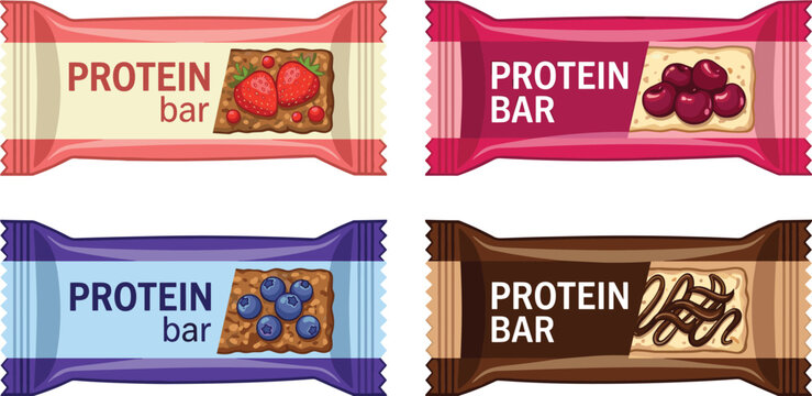 Protein bar vector illustration set featuring healthy snack energy bars wrapped in colorful packaging with strawberry blueberry cherry and chocolate flavors