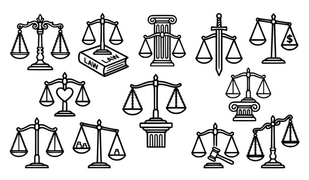 Law Scales of Justice Outline Icon Set with Gavel Legal Book Pillar Sword Dollar and Heart Symbols for Attorney Firm and Courtroom Website Designs