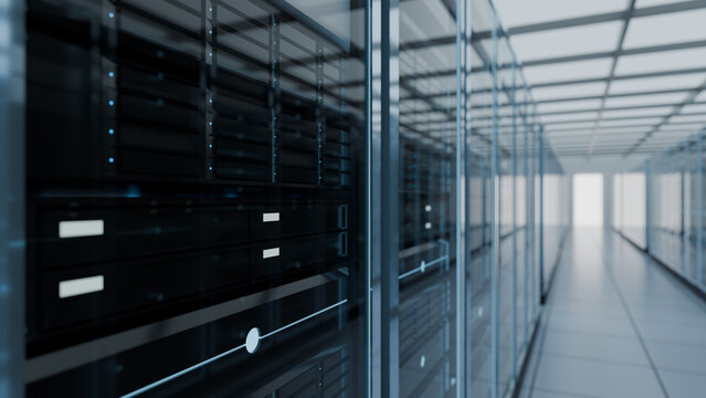 Computer server room in data center center corridor, representing cloud computing network infrastructure, big data storage hosting, cyber security mainframes server equipment