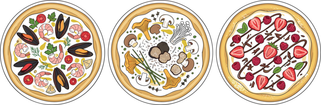 Cartoon gourmet pizza vector illustration featuring top view of seafood pizza with mussels and shrimp wild mushroom truffle pizza and sweet chocolate strawberry dessert pizza