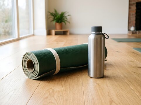 Rolled Green Yoga Mat and Stainless Steel Water Bottle on Wooden Floor