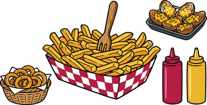Cartoon fast food sides vector illustration featuring French fries in checkered paper box crispy onion rings baked potato skins and squeeze sauce bottles