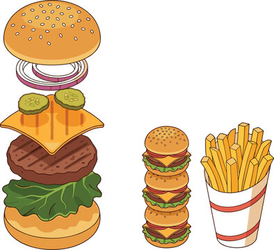 Cartoon hamburger ingredients vector illustration with exploded layer view showing sesame bun red onion pickle cheddar cheese beef patty and lettuce