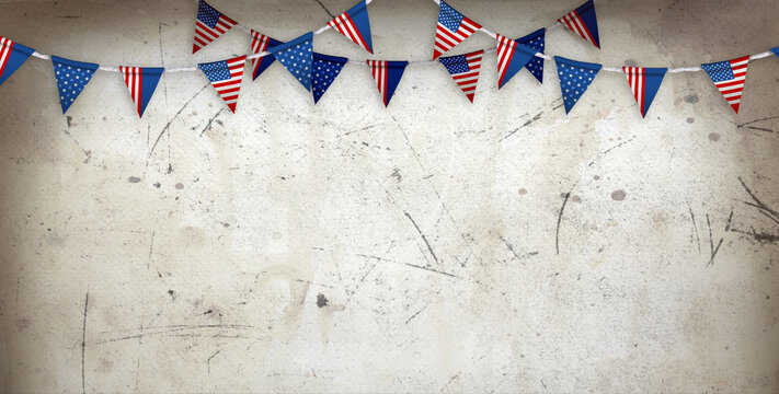 4th of july Independence Day theme, retro banner with pennant garland in USA flag colors and empty old grunge wall background, vintage festive concept for american 250th anniversary holiday.