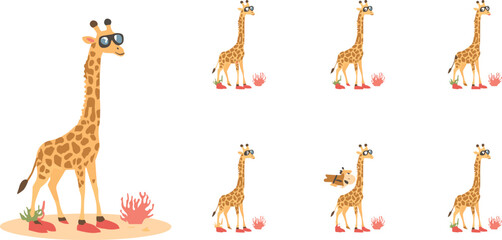 Cute cartoon giraffe scuba diver character vector set wearing snorkeling mask and flippers with colorful coral elements on sand background © Sreemotimadhobi