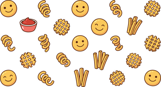 Cute cartoon french fries variety seamless pattern vector set featuring happy smiley face fries crispy waffle cut spiral curly fries and ketchup bowl