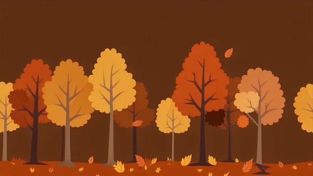 Vibrant autumn forest landscape animation featuring falling leaves and stylized trees in a motion video clip