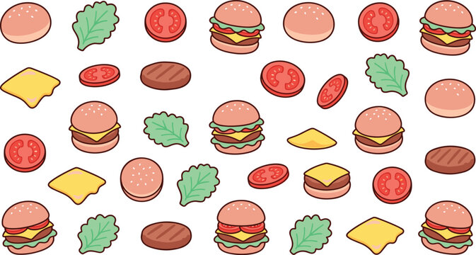 Cute cartoon hamburger ingredients seamless pattern vector background featuring mini cheeseburgers lettuce leaves sliced tomatoes cheese slices and beef patties