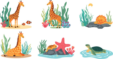 Cute cartoon underwater giraffe character vector set featuring tall safari animal with sea turtle starfish clownfish and marine reef plants © Sreemotimadhobi