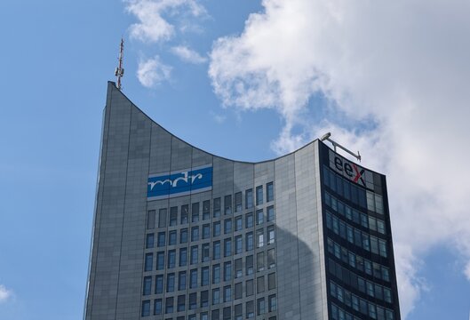 Leipzig, Germany - 22. May 2026: MDR and EEX logos on City-Hochhaus Leipzig building